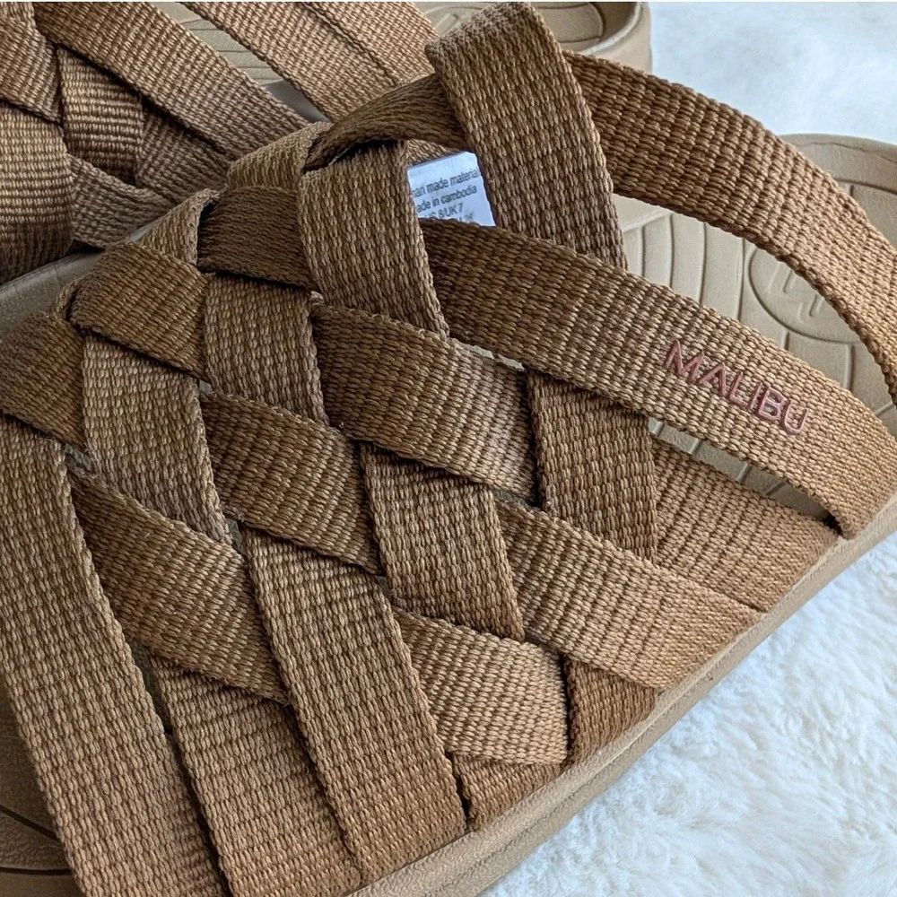 Malibu Sandals Colony Classic Woven Nylon Slides Tan Mens 8 Vegan Water Friendly